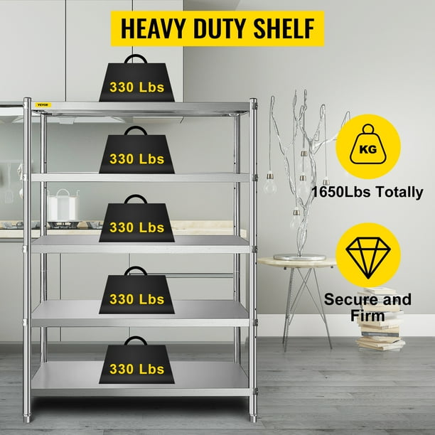VEVOR Estantes de acero inoxidable de 47.5 x 18 pulgadas, unidad de almacenamiento de estante ajustable de 5 niveles, estantería de acero inoxidable, estantería resistente para cocina, oficina