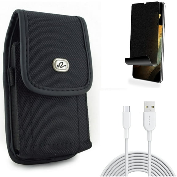 Privacy Screen Protector & 6ft USB-C Cable & Case Belt Clip for Samsung Galaxy S22 Plus (S22 ) - Combo TPU Film (Fingerprint) Anti-Peep & Type-C Fast Charger Cord & Rugged Holster
