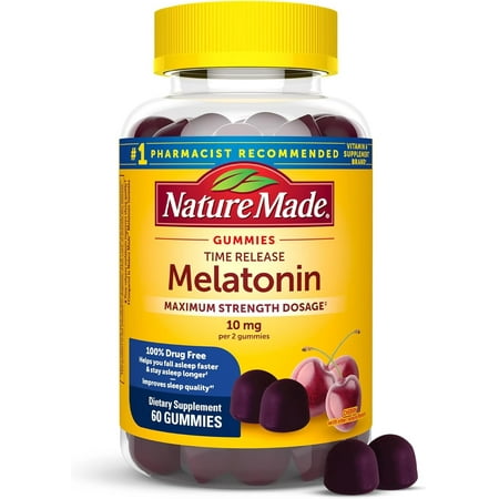 Nature Made Time Release Melatonin Gummies Maximum Strength 10mg 100% Drug Free Sleep Aid for Adults 60 Melatonin Gummies 30 Day Supply