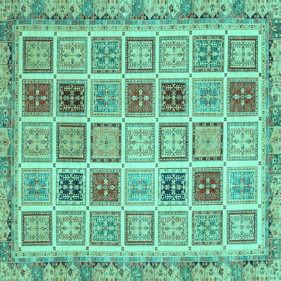 Ahgly Company Machine Washable Indoor Square Oriental Turquoise Blue Modern Area Rugs, 4' Square