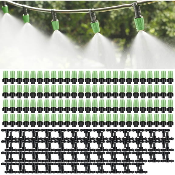 100pcs Micro Spray Adjustable Flow Irrigation Drippers, Garden Adjustable Sprinkler drip Irrigation Mister Heads with 3 Tee Irrigation Misting Drip Kit(Green)