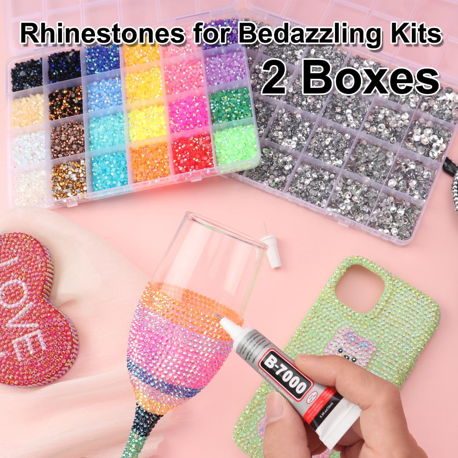 2 Boxes Rhinestones for Bedazzling Kits, Multicolor 3mm & Silver Clear 2/3/4/5/6mm Resin Flatback Gems for Diamond Art, Bedazzler Kit with 3Pcs 10ml B7000 Jewelry Glue for DIY Crafting Crafts Decor