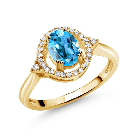 Gem Stone King 1.34 Ct Oval Swiss Blue Topaz 18K Yellow Gold Plated Silver Ring (Size 7)