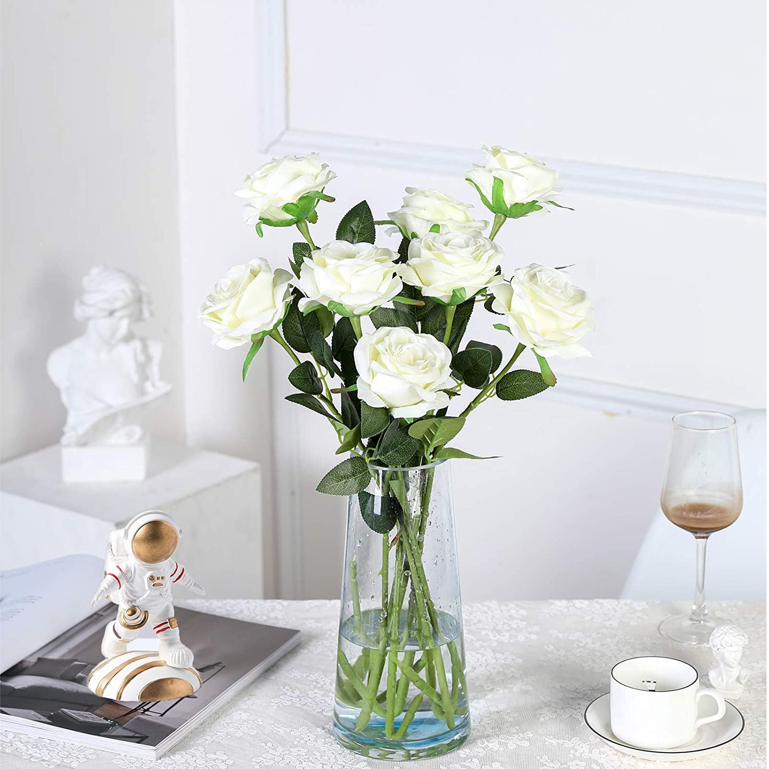 12PCS Artificial Silk Flowers Realistic Roses Bouquet Long Stem for Home Wedding Decoration Party (White)