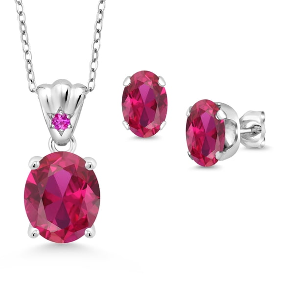 Gem Stone King 925 Sterling Silver Red Created Ruby and Pink Sapphire Pendant and Earrings Jewelry Set for Women (6.75 Cttw, Gemstone Birthstone, Oval 11X9MM and 8X6MM with 18 inch Silver Chain)