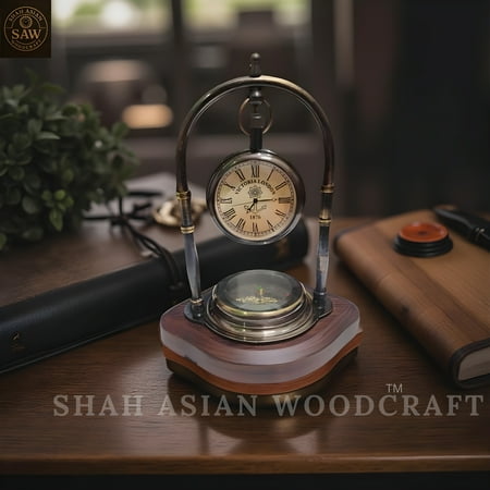 Antique Brass Desk Clock with Working Compass, Vintage Home Decor, Collectible & A Premium Gift