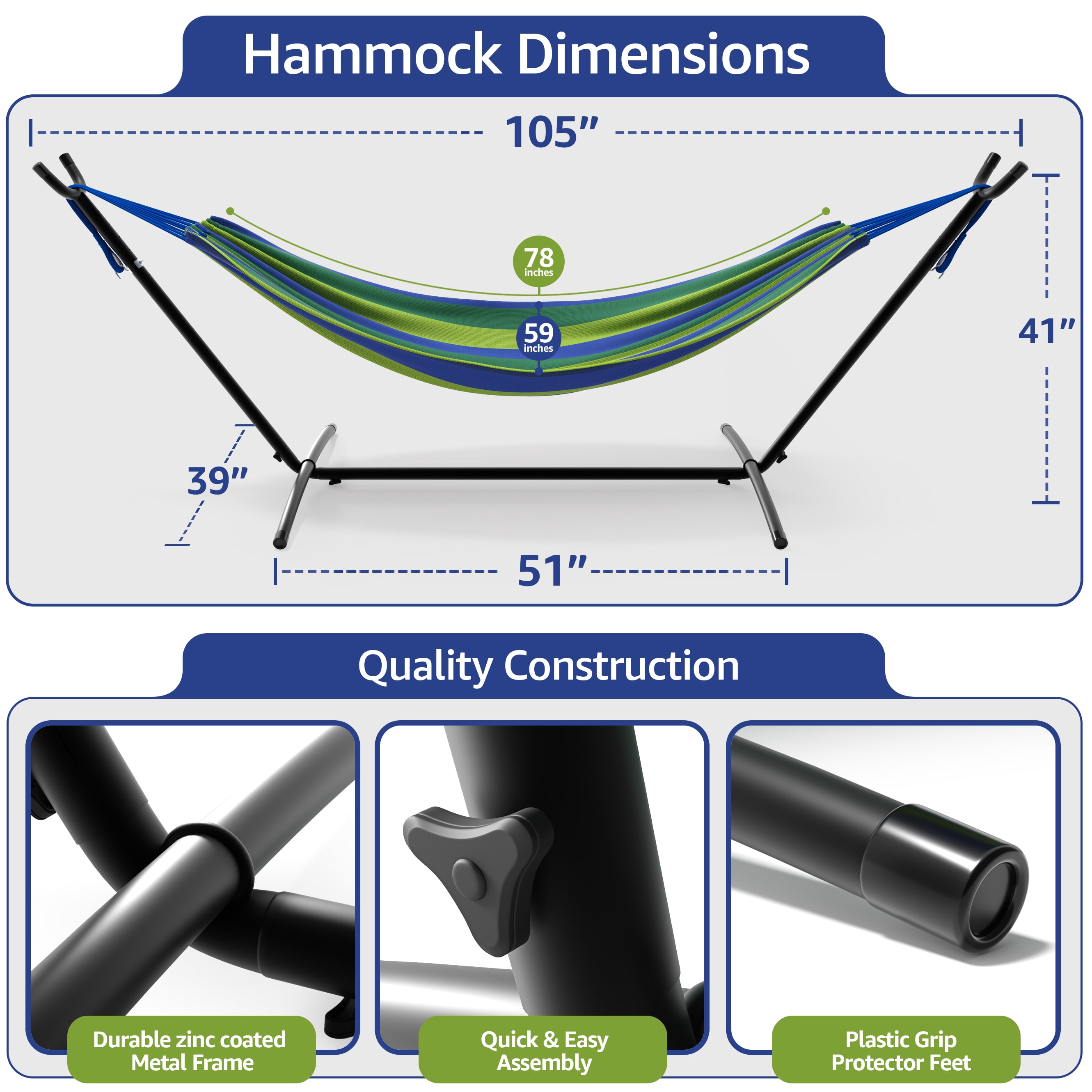 Sorbus Double Hammock w/ Steel Stand, Carry Case, 6 Tension Levels, 450 lb Capacity, Indoor/Outdoor Blue/Green