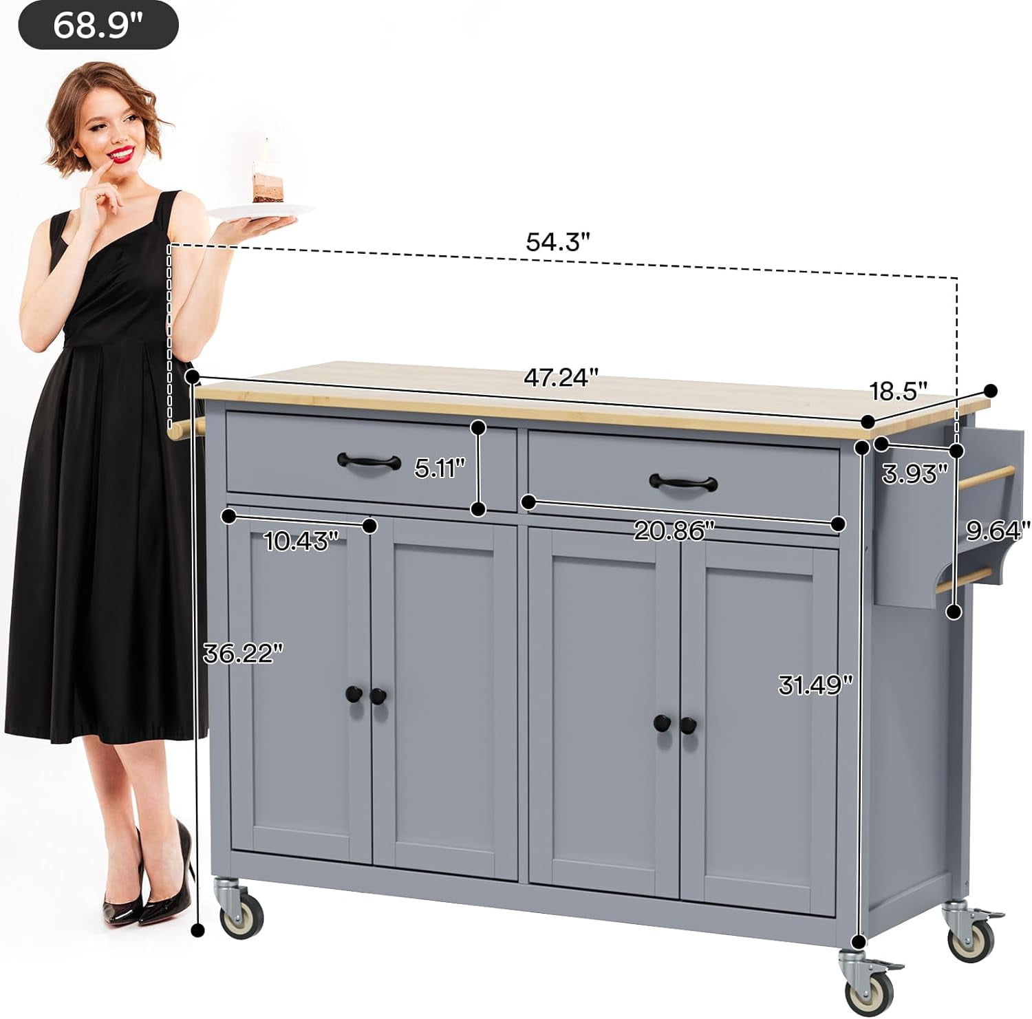 ZIVACATE Kitchen Island on Wheels 54in Rolling Cart with wood Top Spice Towel Rack Drawers, Grey