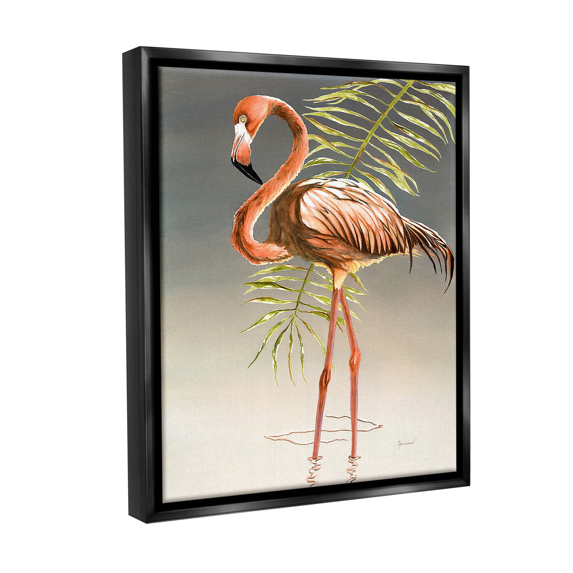 Stupell Industries Flamingo with Water Ripple Animals & Insects Painting Black Floater Framed Canvas Art Print Wall Art, 25 x 31
