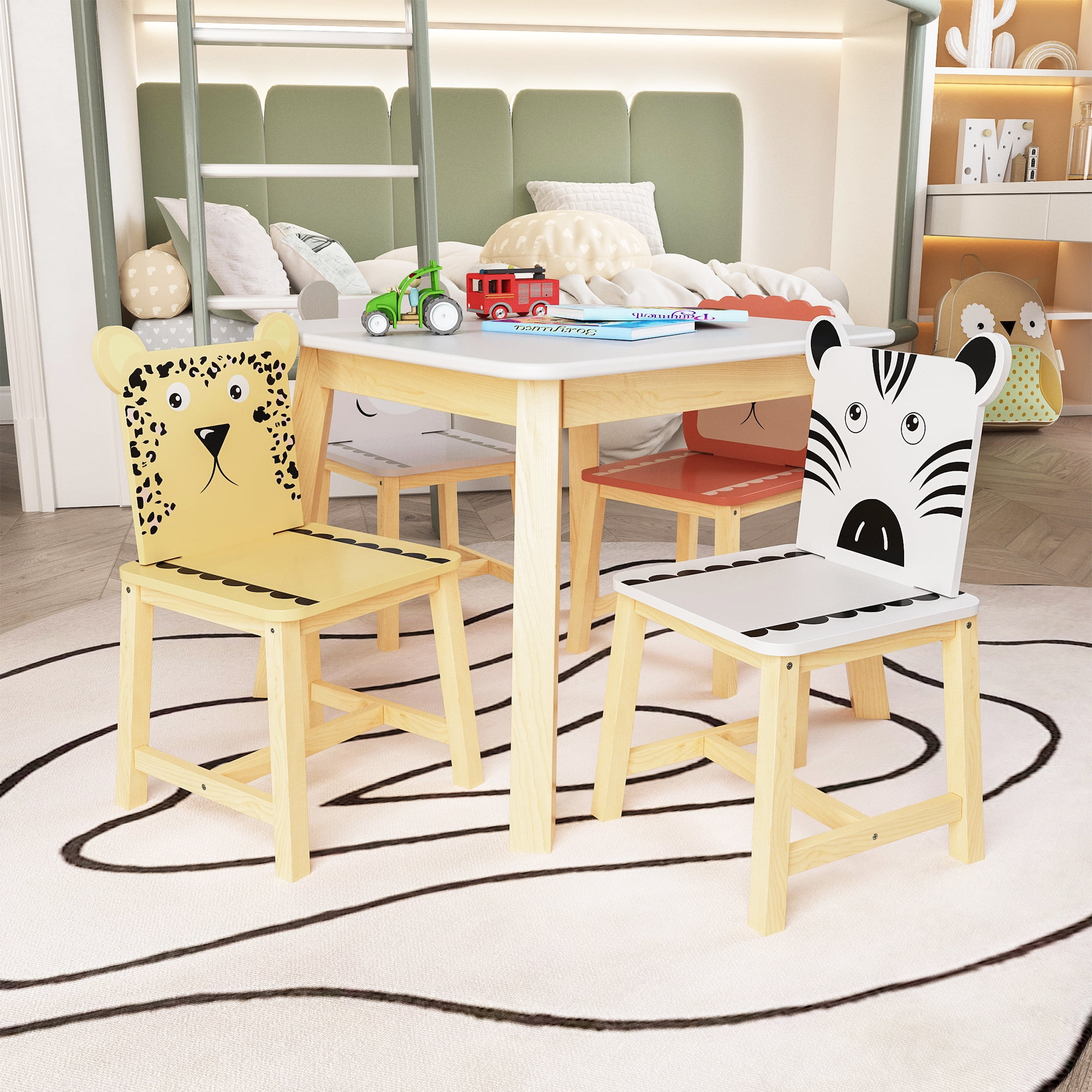 Seizeen Kids Table & Chair Set , 5 Pieces Cartoon Table with 4 Chairs Solid Wood Kids' Furniture Large Table and Animals Backrest, Kid's Room, Nursery Furniture Set
