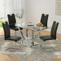 Sumdeal 5/7-Piece Modern Dining Set, 63-inch Rectangular Glass-Top Dining Table with 4/6 Upholstered PU Leather Chairs in Luxe Colors, Suitable for Kitchens and Dining Rooms