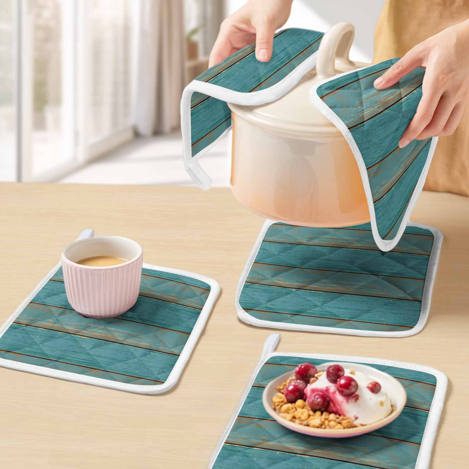 Teal Wood Grain Pot Holders for Kitchen Heatproof Potholder, 5 Pack Farmhouse Vintage Wooden Rustic Hot Pads Multipurpose Oven Pads Cloth Potholders Trivet for Cooking Baking