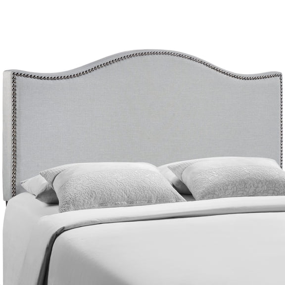 Modern Contemporary Queen Size Nailhead Upholstered Headboard, Grey Fabric