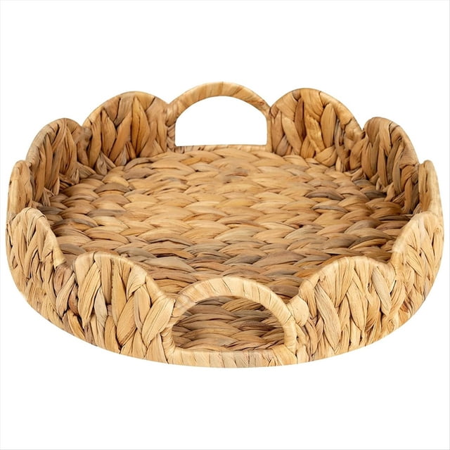Bandeja Redonda con Borde Festoneado, Bandeja Redonda para Servir con Asas Integradas, Bandeja Decorativa para Mesa de Centro, Bandeja de Ratán