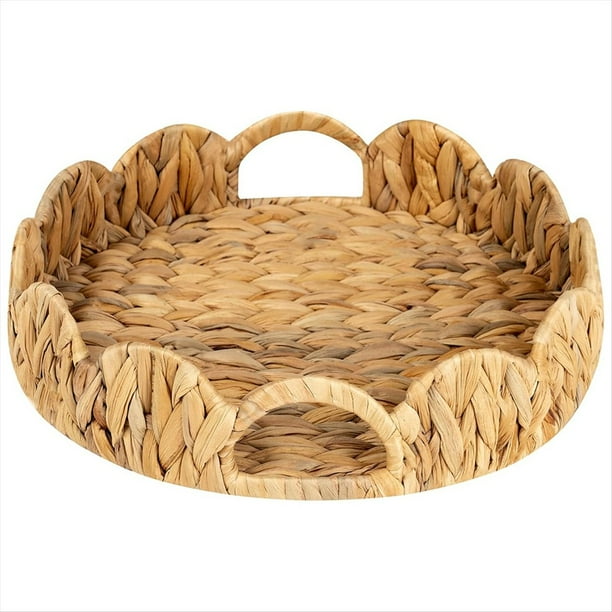 Bandeja Redonda con Borde Festoneado, Bandeja Redonda para Servir con Asas Integradas, Bandeja Decorativa para Mesa de Centro, Bandeja de Ratán