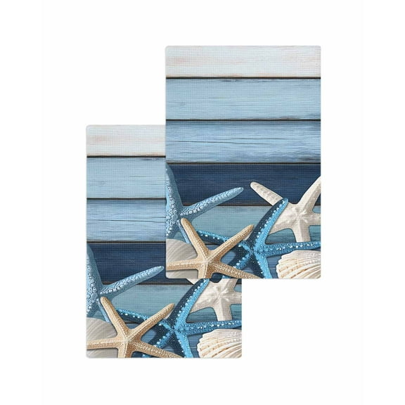 Coastal Starfish Kitchen Dish Towels for Drying Dishes Set of 2, Blue Wooden Grain Seashells Country Waffle Weave Microfiber Terry Hand Tea Bathroom Towels Quick Dry & Absorbent Towel 15.7x23.6