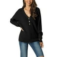 thumbnail image 1 of Suéter casual de punto acanalado de manga larga con cuello en V y botones para mujer INSPIRE CHIC, talla L, color negro, 1 of 6