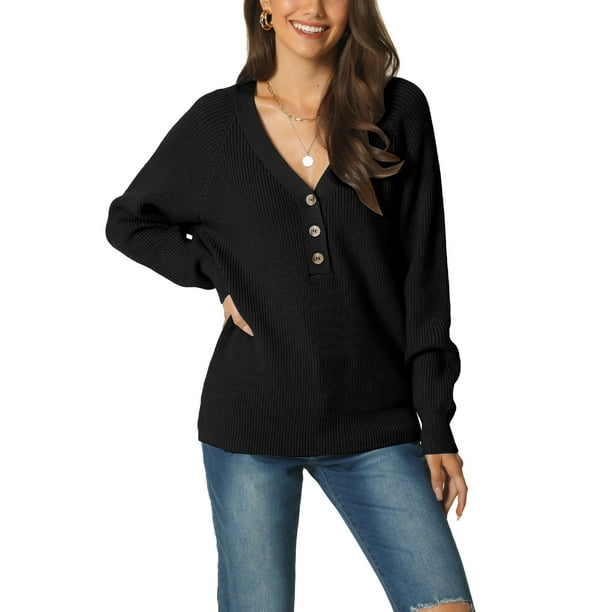 Suéter casual de punto acanalado con cuello en V y botones de INSPIRE CHIC para mujer de manga larga M Negro