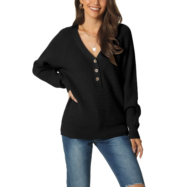 Suéter casual de punto acanalado de manga larga con cuello en V y botones para mujer INSPIRE CHIC, talla L, color negro