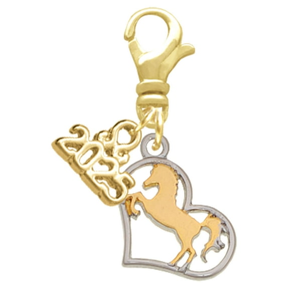 Delight Jewelry Two-tone Stallion Silhouette Heart - Gold-tone Clip on Charm with Mini Year 2025