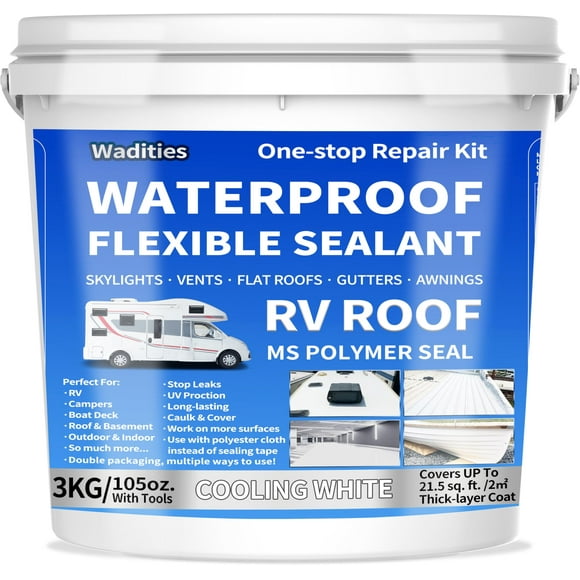 RV Roof Waterproof Flexible Sealant, Wadities 105oz White Solar Reflective Sealant, Self Leveling Crack Filler for Campers, Driveway, Walkway, Patio, High Elas