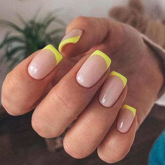AWTO Oval French Tip Nails, 24 PCS Glossy Yellow Press-On False Nails with Design, Full Cover Acrylic Nails