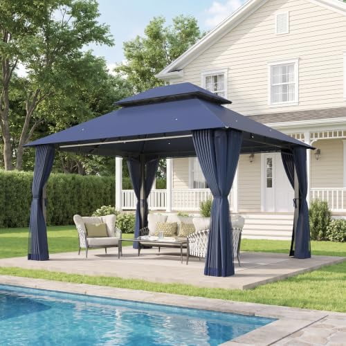 Aoxun 12x10 Gazebo with Double Roof & Mosquito Netting, Metal Frame Heavy Duty Patio Canopy Tent Shelter with Zipper Screens, Outdoor Gazebo for Backyard Garden Lawn, Blue