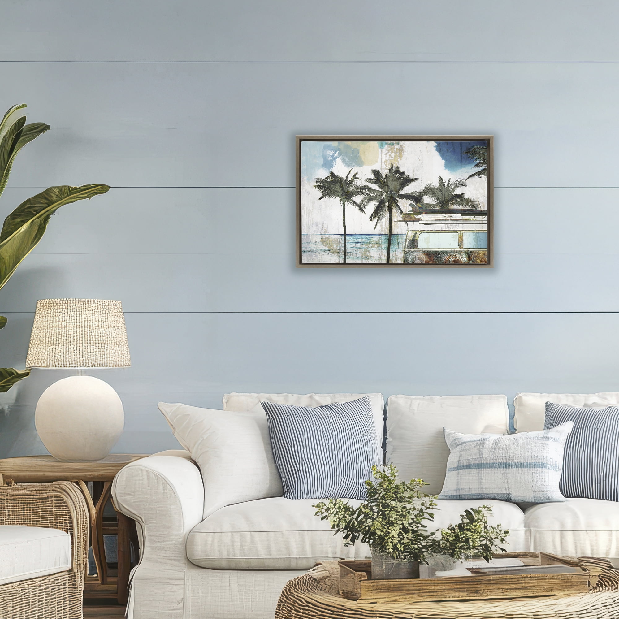 Beach Day Retro Vacation Brown Framed Floater Canvas Wall Art, design by Sasha