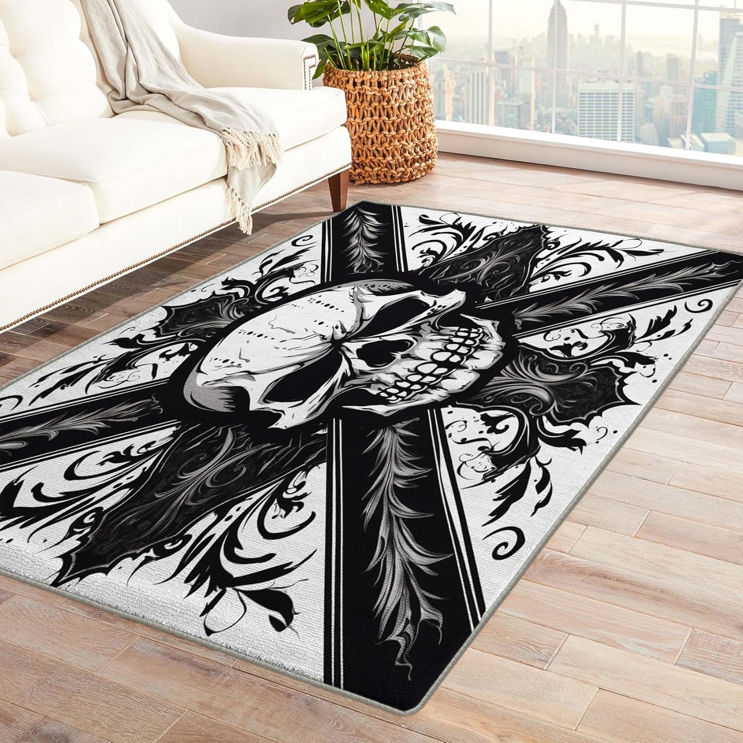 Skull Rug 5x7 Area Rugs for Bedroom Living Room, Black and White