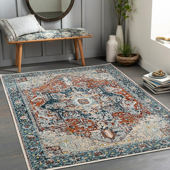 Mark&Day Washable Rugs, 5x7 West Baden Traditional Burnt Orange Area Rug, Orange Blue Beige Carpet for Living Room, Bedroom or Kitchen (5'3" x 7', Machine Washable)