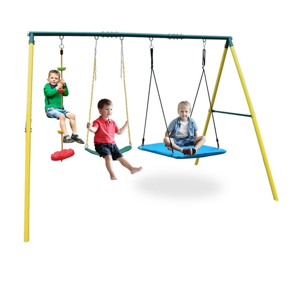 Outdoor Swing Set, 3-in-1 Kids Play Swing Set with Climbing Rope and 2 Swings for Backyard Playground Park 300Lbs Capacity