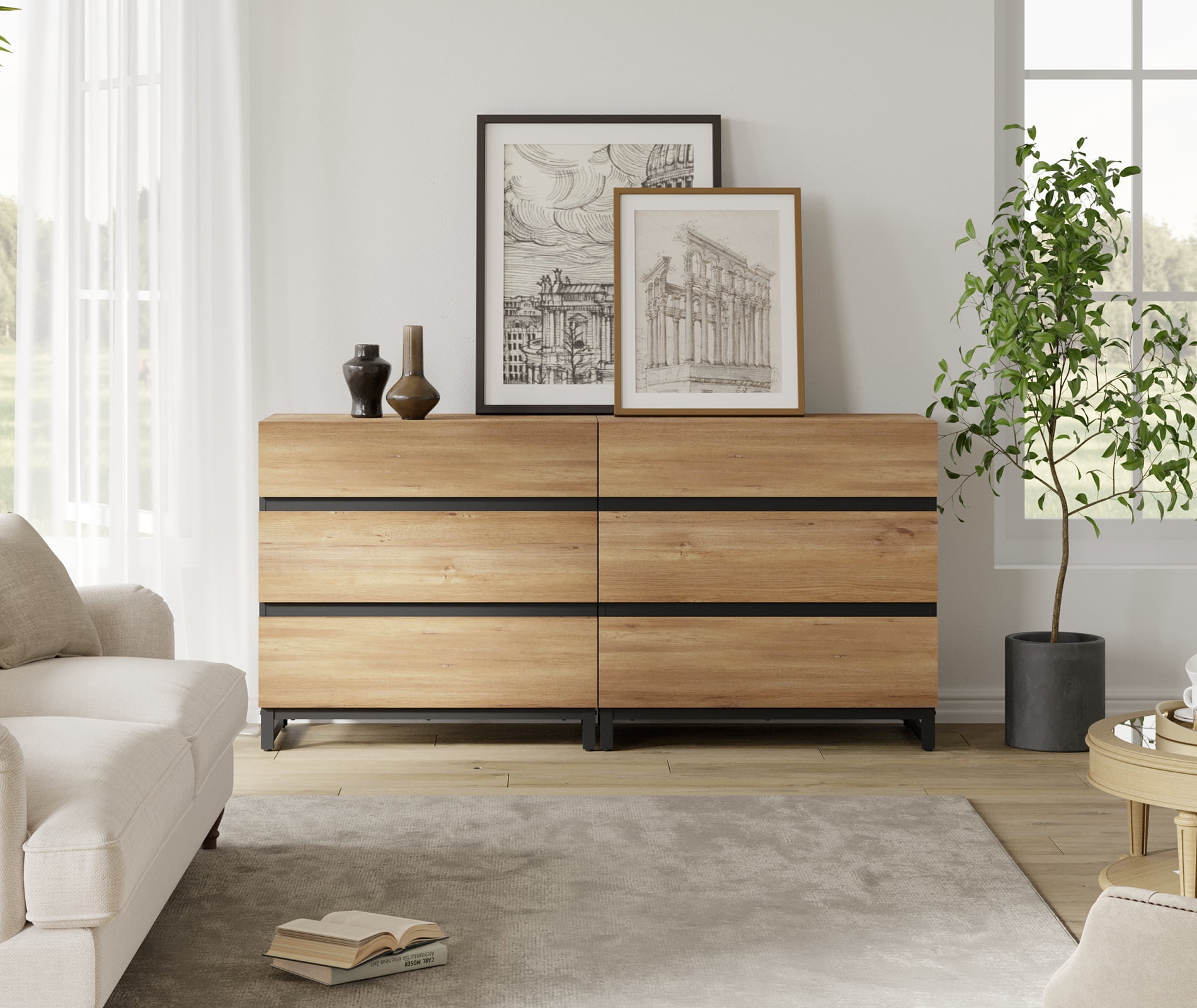 WAMPAT Dresser for Bedroom, Closet Organizers and Storage with 6 Drawers, Chest of Drawers with Metal Base, Modern Wood Dresser for Living Room, Bedroom,Oak