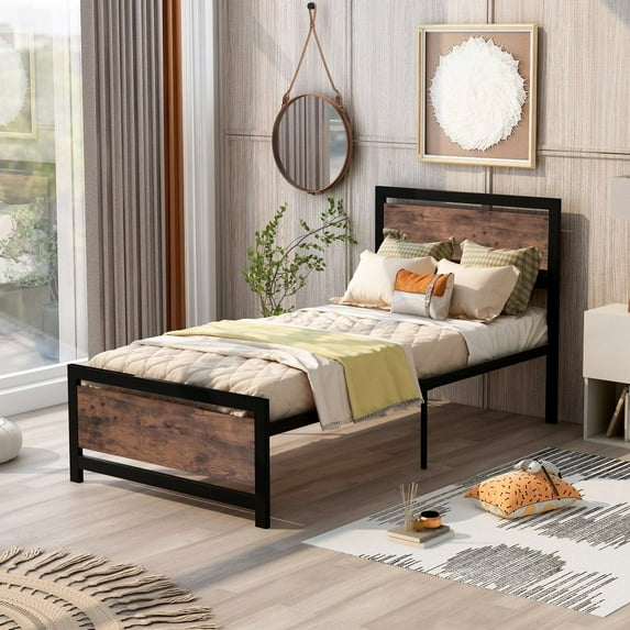 Hassch Platform Bed Frame with Headboard/Footboard, Mattress Foundation, Wood Slat Support, No Box Spring Needed, Twin Size, Black