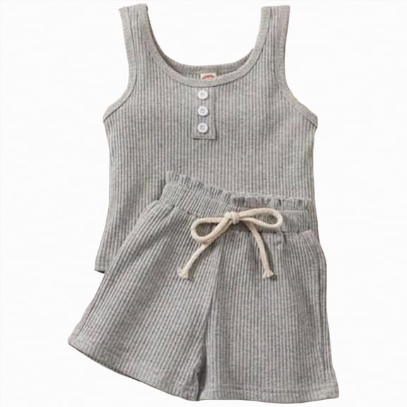 TAmten Toddler Baby Girl T Shirt Shorts Set Waffle Bow Sleeveless Slip Ruffle Tops Matching Outfit Spring Summer Clothes(Grey,18-24 Months)