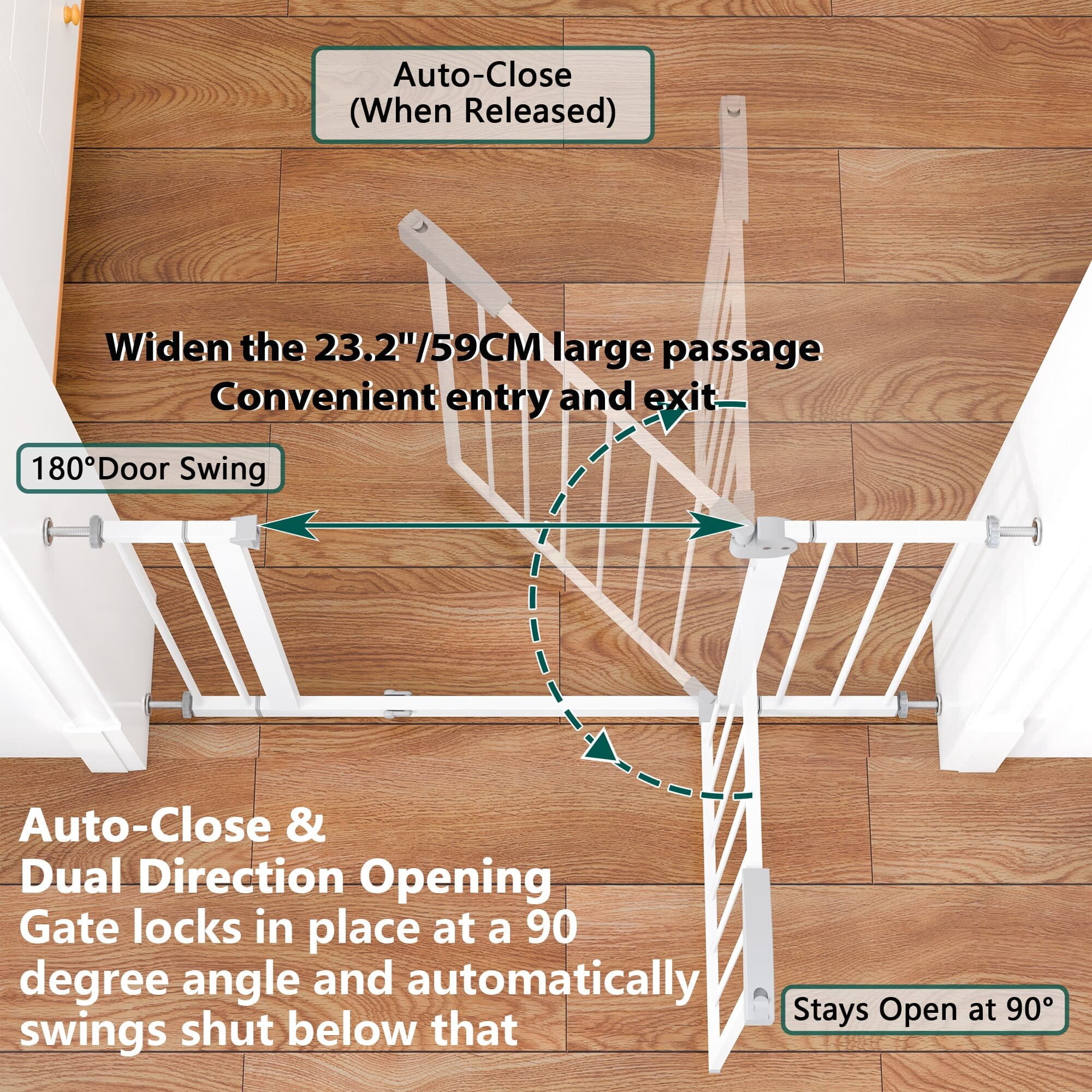 HOQBN 29.5-44.1" Wide Pet Gate for Stairs, 31.1" Tall Pressure Mount Baby Safety Gate, Adjustable Walk‑Through Steel Child Gate with Double‑Lock for Stairs Hallways Doorways White