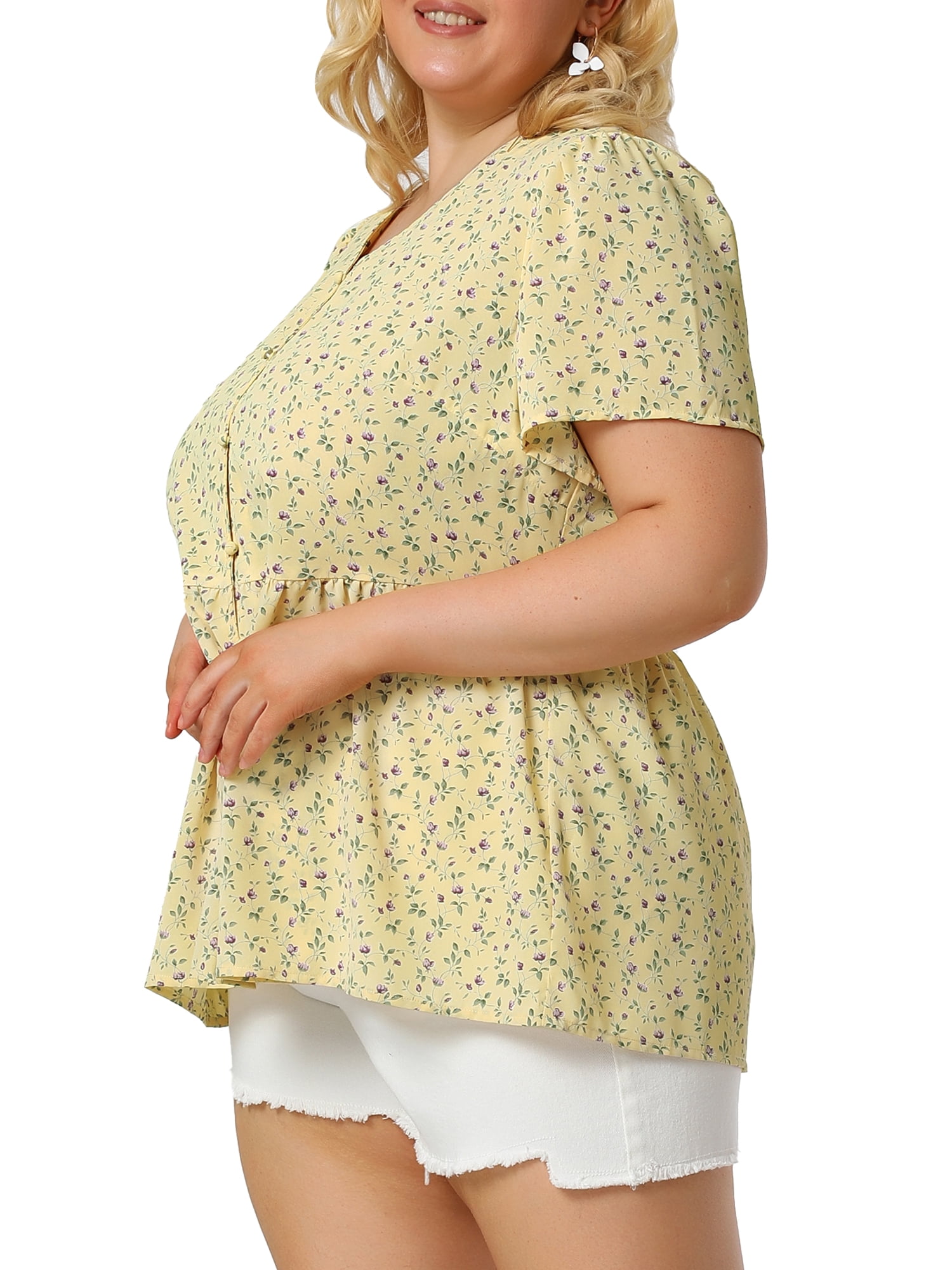 DARING DIVA Women's Plus Floral V Neck Short Sleeve Peplum Top 2X Yellow