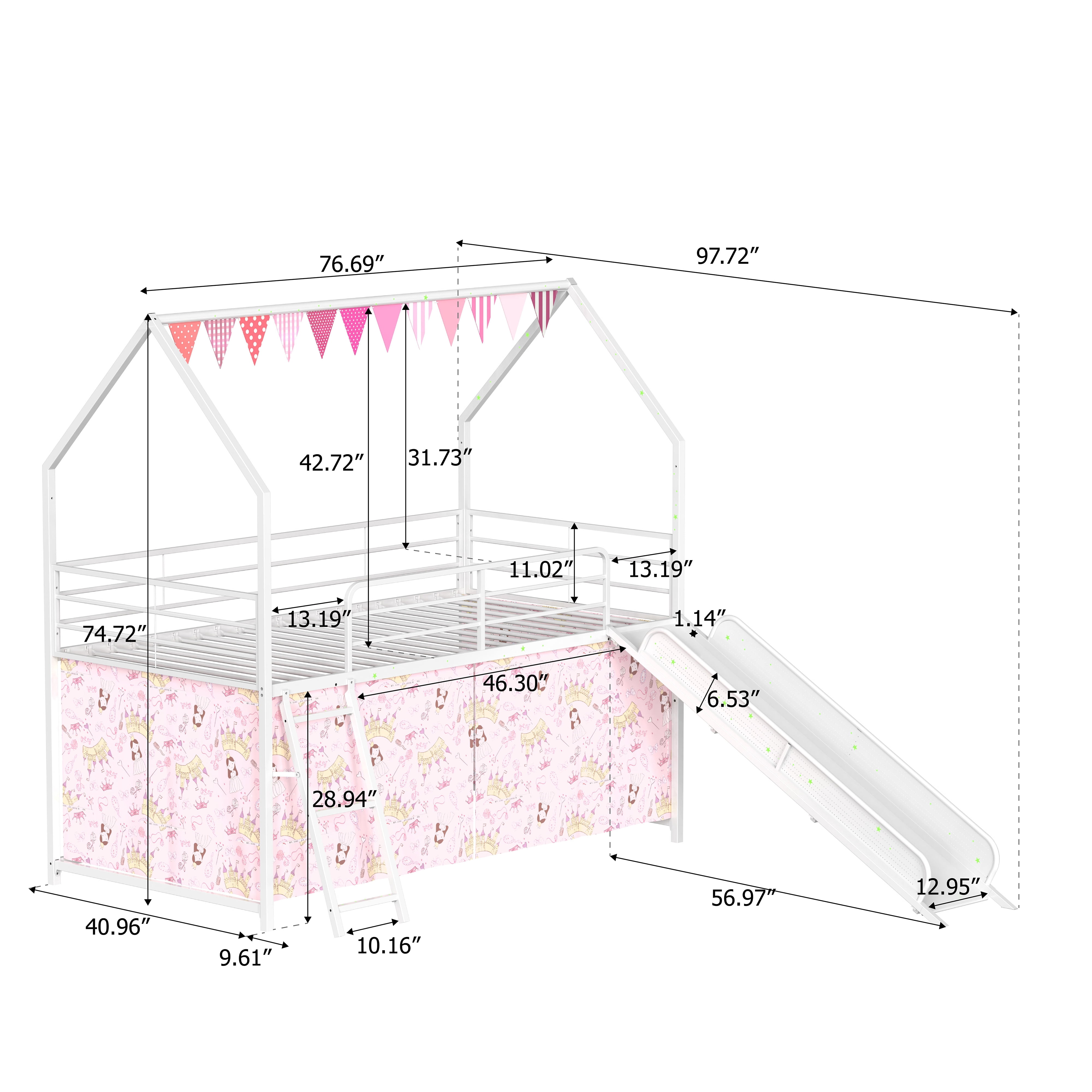 Miniyam Kids Twin Loft Bed with Slide and Curtain, House-Shaped Metal Frame Bunk with Guardrails, Ladder, Pink