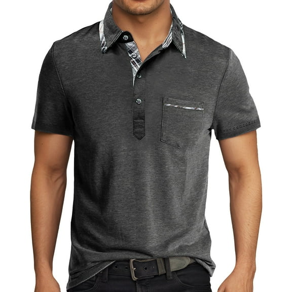 Men's Polo Shirts Summer Business Dressy Short Sleeve Button Up Collared Tops with Pocket Lightweight Breathable Loose Fit T Shirts for Man Grey L