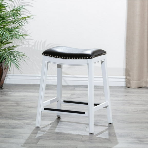 Newboti Furniture 24" Counter Stool, White Finish, Black Leather Seat 17947