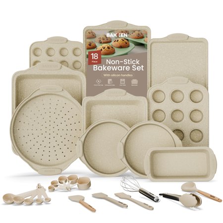 18-Piece Deluxe Nonstick Carbon Steel Bakeware Set - Professional Kitchen Oven Baking Pans with White Silicone Handles and Accessories
