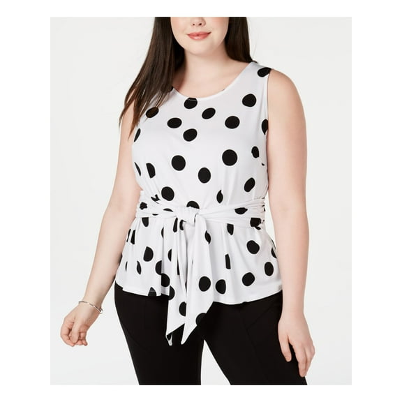 INC Womens White Tie Polka Dot Sleeveless Jewel Neck Top Plus Size: 1X