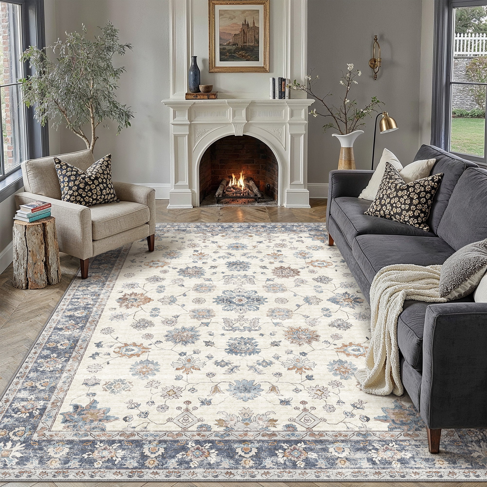 BERTHMEER 9'x12' Large Area Rugs for Living Room Bedroom Office Blue Vintage Non Slip Washable Farmhouse Dining Room Oriental Traditional Distressed Rugs