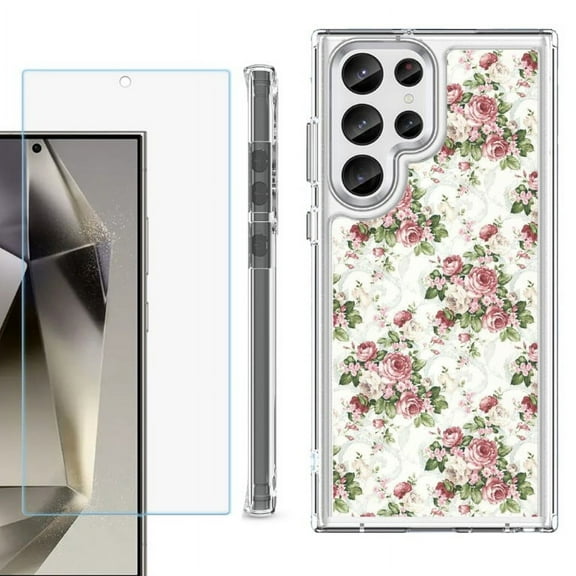 OneToughShield ® Case Compatible with Samsung Galaxy S24 Ultra, Shockproof Bumper Phone Case, with Tempered Glass Screen Protector - Floral/Rose