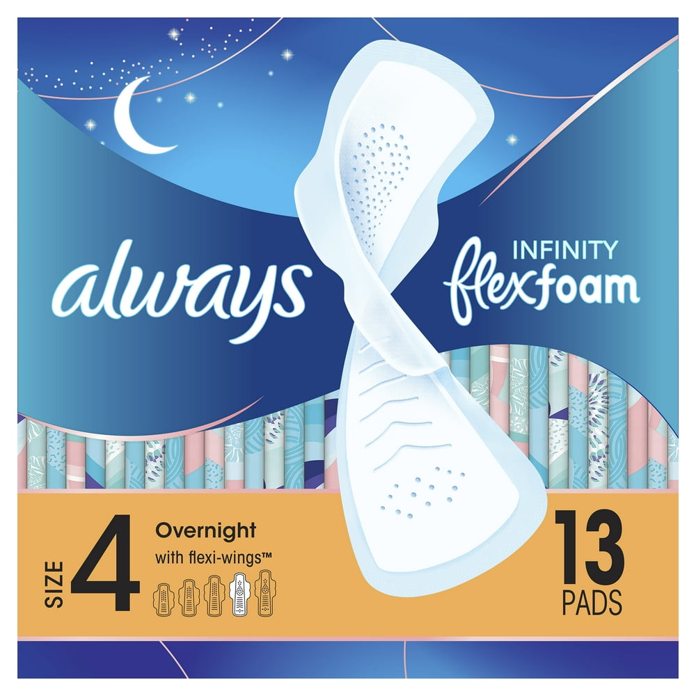 Always Infinity Overnight Pads with Wings, Unscented, Size 4, 13 ct