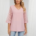 thumbnail image 4 of Blusa de retales de encaje con cuello en V y media manga para mujer, holgada y transpirable para primavera y verano, color rosa S, 4 of 8