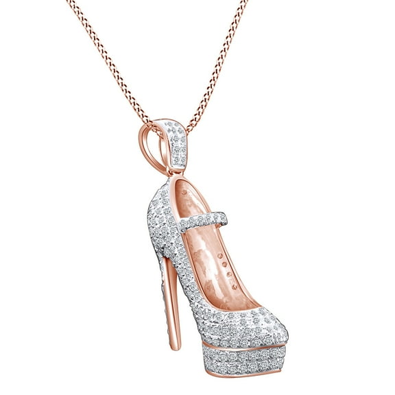 AFFY 1.55 Cttw Round Cut White Natural Diamond High Heel Shoe Pendant for Necklace 10k Solid Rose Gold 1.25"