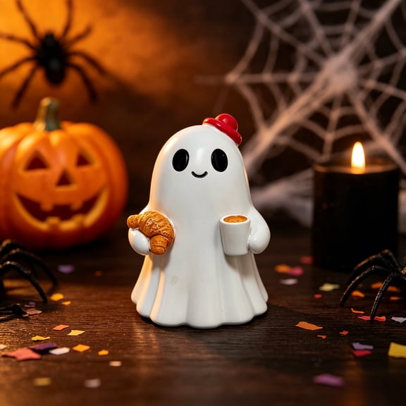 SUYOLL Cute Coffee Ghost Figurine with Red Mini Hat Resin Ghost Statue Halloween Decorations Indoor Tabletop Shelf Decor Decal