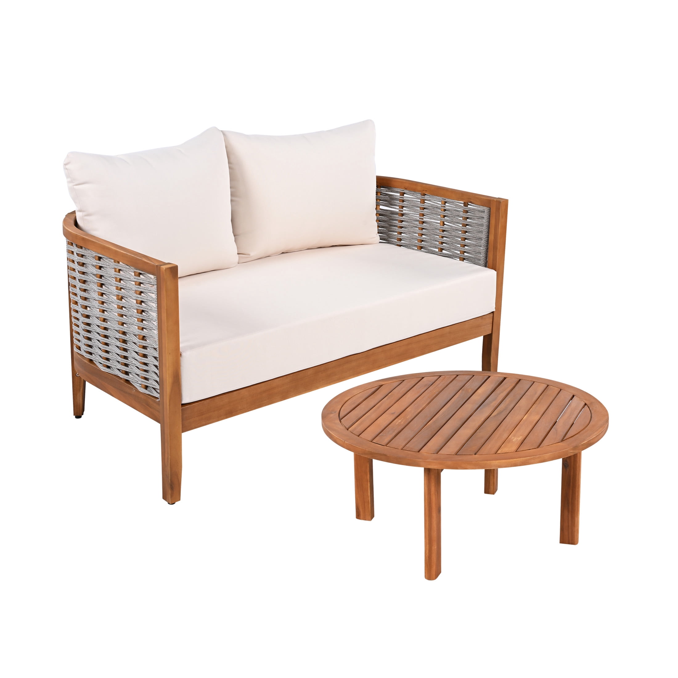 Christopher Knight Home 2-Piece Outdoor Patio Loveseat with Coffee Table, Teak Finish + Beige Cushions