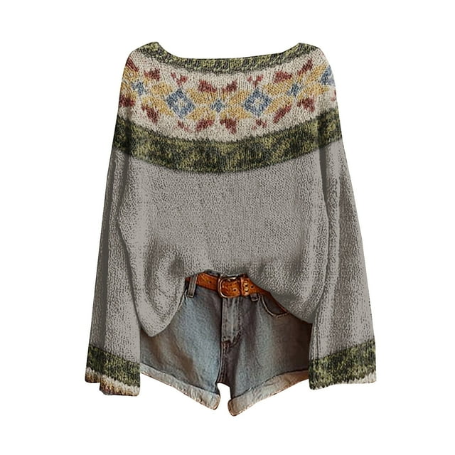 WTXUE Chandail Rétro Vintage à Imprimé Artistique pour Femmes, Blouses Légères, Hauts Boho Décontractés, Chandail Tricoté à Imprimé Léopard, Chandails à Manches Longues, Col Rond, Chandail Bohème Gris P