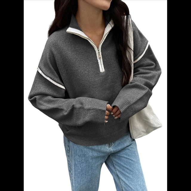Suéteres Casuales con Cuello en V y Larga para Mujer, con Cremallera de un Cuarto, de Punto Holgado, con Bloques de Color y Cuello en V, para Otoño. Gris Oscuro M